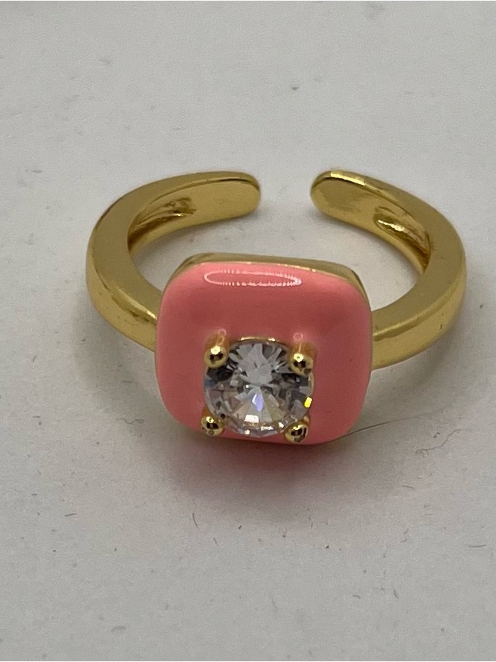 Gold-Tone Ring with Pink Enamel and Clear Stone - Women's Jewelry